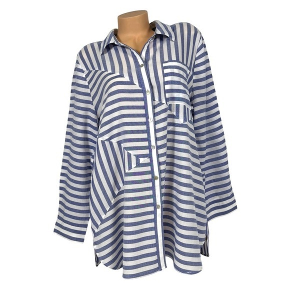Chicos Womens Blue White Striped Lyocell Button Down Tunic Shirt Size 3 US 16/18